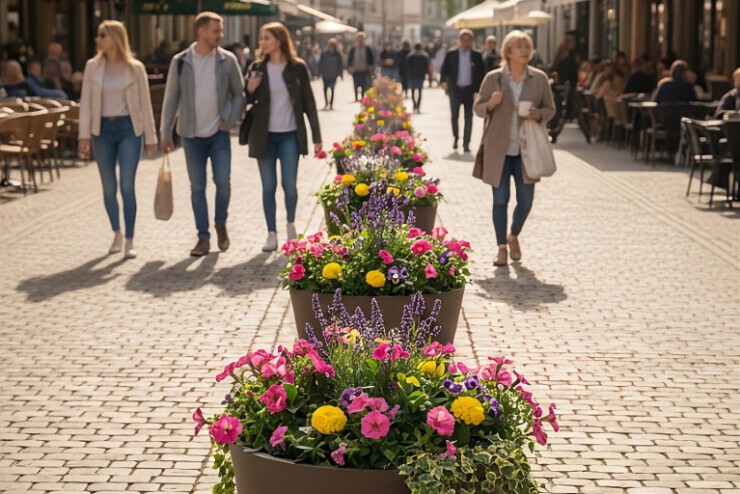 Florence bloemenbak – laag model, repeterend toegepast in een winkelstraat