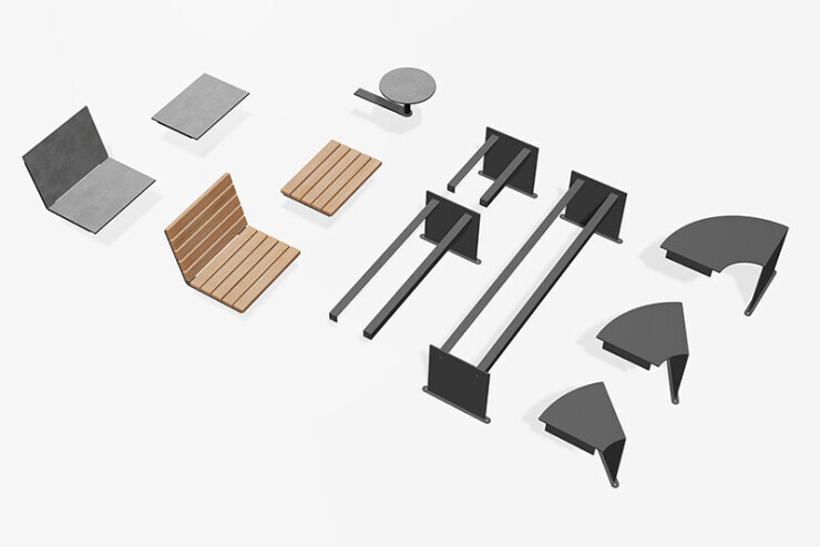 Losse Go zitelementen van hout, HPL en staal Losse Go zitelementen van hout, HPL en staal