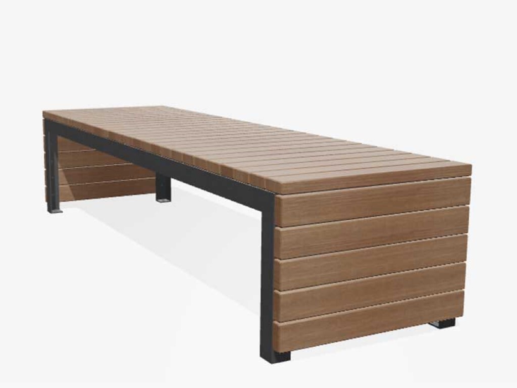 De Woodrow bank vormt samen met een tafel en de bijpassende krukken een picknicktafel voor de openbare ruimte met een onderstel van staal en een zitting en tafelblad van hout ideaal als straatmeubilair voor de openbare en semi openbare ruimte 