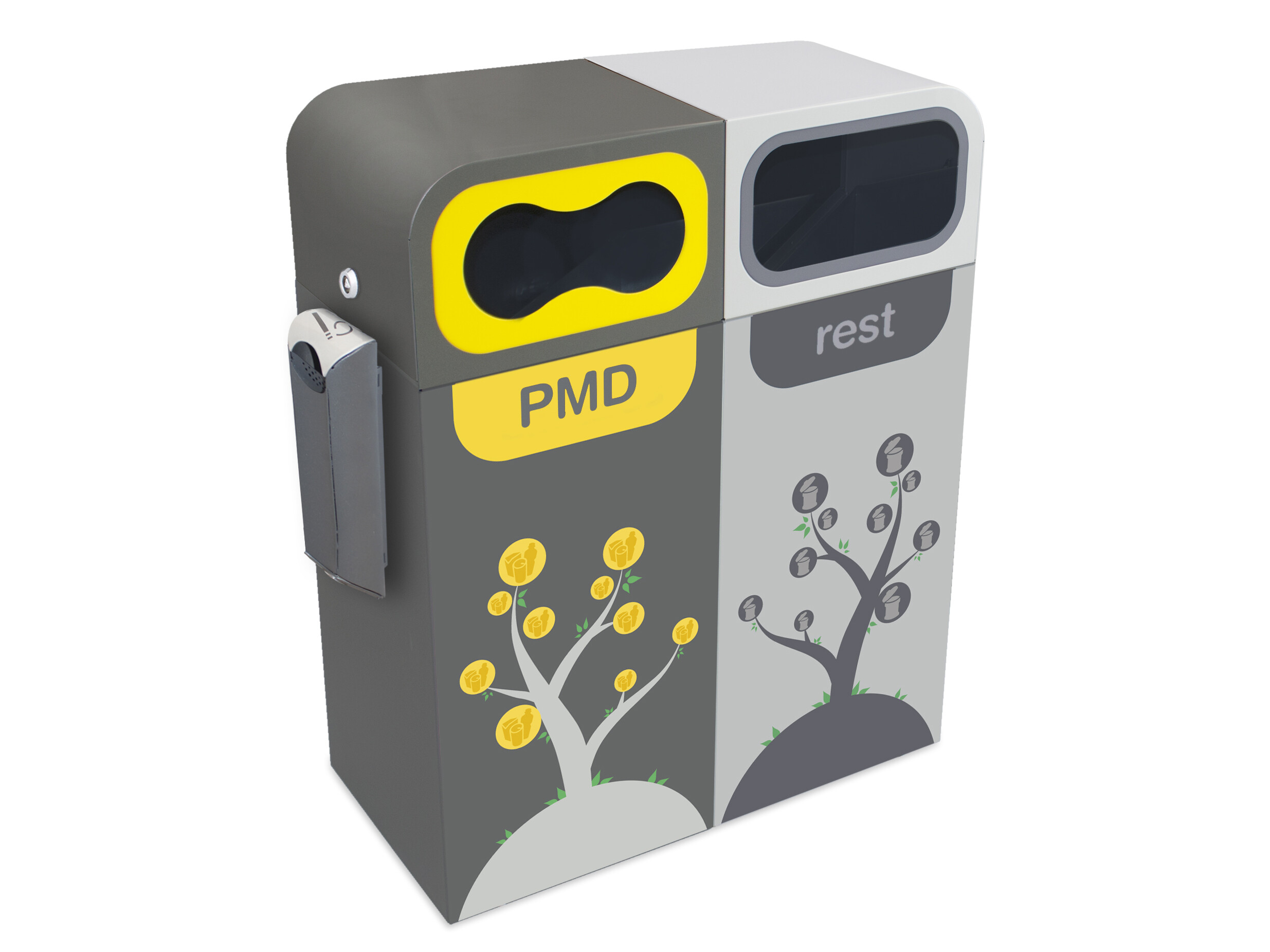 Brussels recycle afvalbak - staal - dubbele afvalbak - duo-afvalbak - afvalscheiding - capaciteit 2 x 60 L - beveiligd slot - binnenbak voor zakhouder - afvalsymbolen
