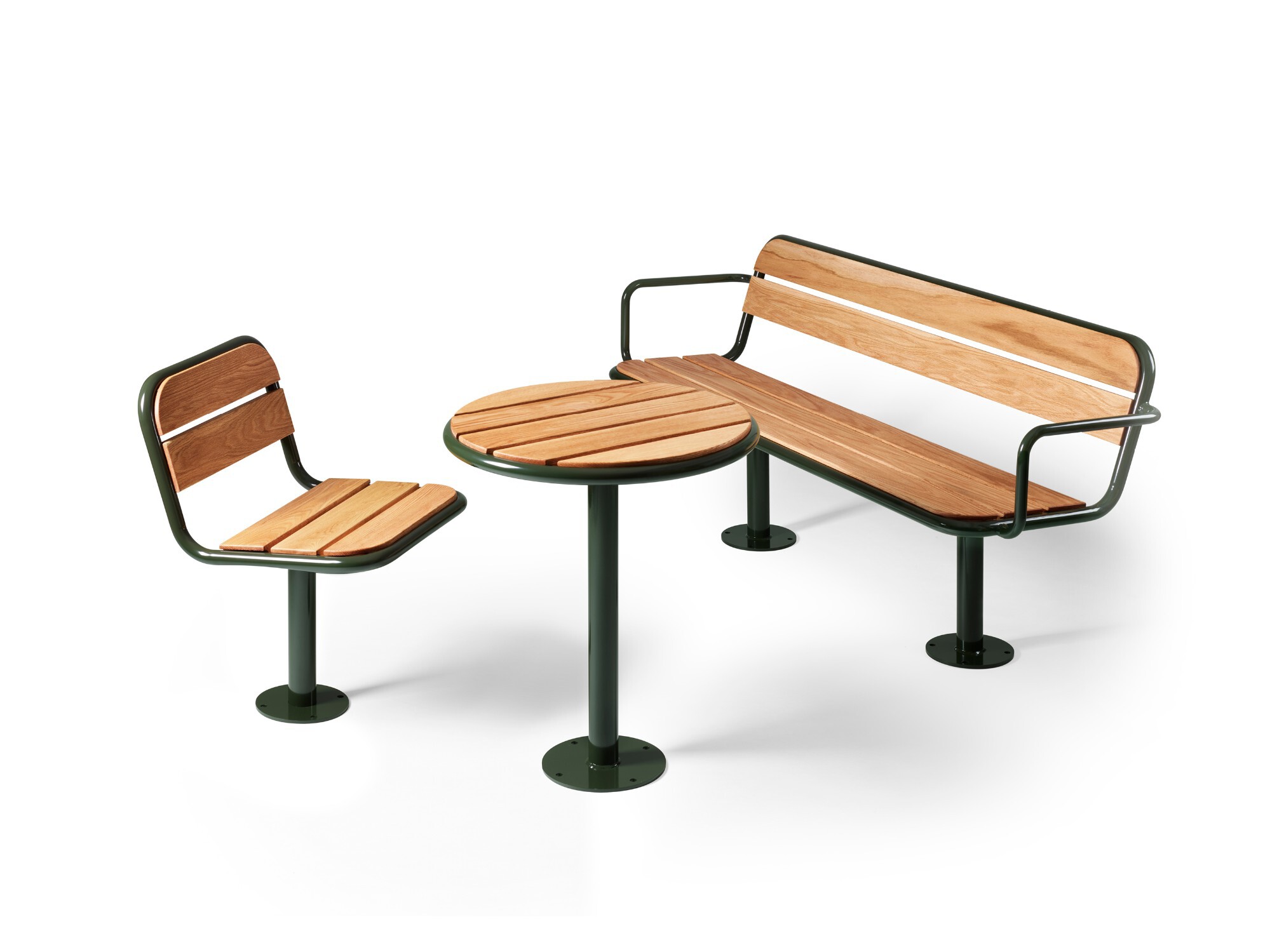 Grey stoel, tafel, bank en picknicktafel - uitgebreide serie straatmeubilair - dennenhout en eikenhout - frame in 3 standaardkleuren verkrijgbaar. Meubelserie voor de openbare ruimte.