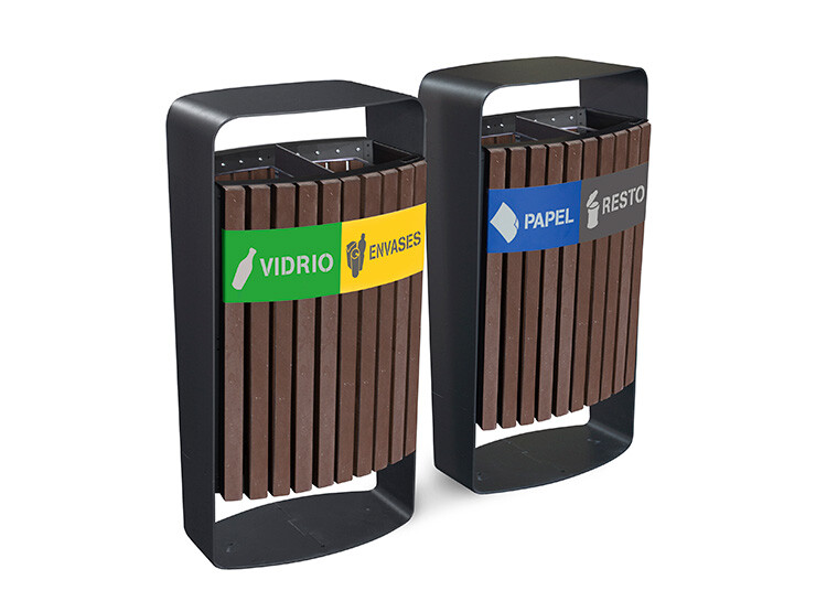 Malaga Afvalbak van metaal, hout of gerecycled kunststof - afvalstation - afvalscheiding - kantelsysteem om te legen - asbak - openbare ruimte