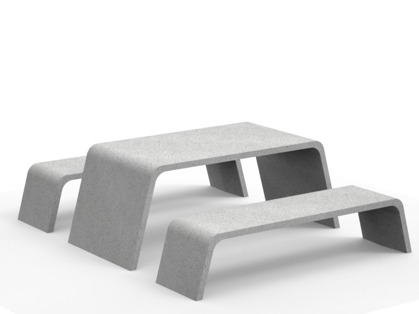 Mimetic tafel van beton met bijpassende banken van steen in grijs wit antraciet heel zwaar buitenmeubilair voor openbare ruimte om in buitenlucht te lunchen recreëren werken ontspannen in kantoortuin plein park gezamenlijke buiten ruimte buitenwerken  