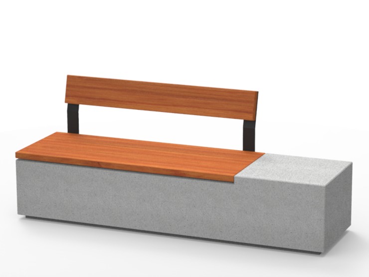 Log bank van beton steen combinatie hout zitting rugleuning en armleuning staal buitenmeubilair en straatmeubilair van hoge kwaliteit duurzaam circulair meubilair voor openbare ruimte voor stad gemeente park parkbank en plein winkelgebied vastgoed