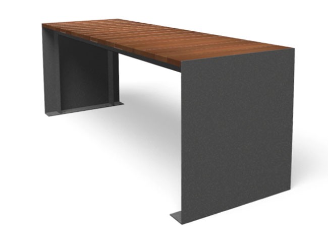 Passepartout hout tafel met staal buitentafel strak vierkant duurzaam straatmeubilair voor terras kantoor dakterras lunchplek overleg tafel buiten in buitenlucht horeca park plein openbare ruimte grijs modern 