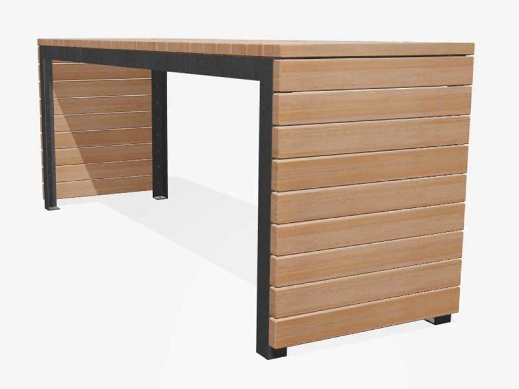 Woodrow tafel buitentafel openbare ruimte van hout met rand staal latjes openbare ruimte stijlvol klassiek buitenmeubilair straatmeubilair buitenruimte lunchen werken ontspannen in de openlucht met collega's klanten coronaproof 